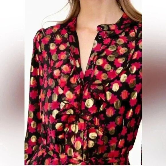 SALONI Scarlet Daisy Tilly Red Gold Black Shimmer Ruffle Mini C Dress Size 0 - Picture 3 of 16